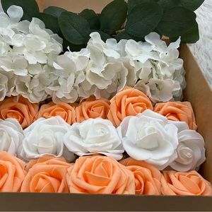 25 count | White Hydrangeas Orange Roses Eucalyptus Wedding Bouquet Centerpiece